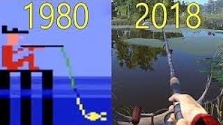 Dalawang imahae na ikunumpara ang larawang ng fishing games noong 1980 hangang 2018.