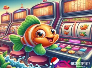 Ang kulay orange na isda na may green na palikpik ay ipinapakita na meron ng larong fishing games sa slot machine ito ay natutuwa at napakasaya.