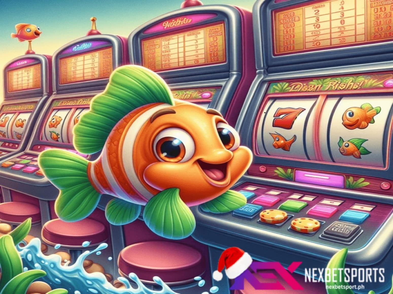 Ang kulay orange na isda na may green na palikpik ay ipinapakita na meron ng larong fishing games sa slot machine ito ay natutuwa at napakasaya.